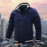 Men's lightweight white jacket with a striped collar and zipper in marine blue, displayed against a bright sky with clouds, featuring long sleeves and a casual blazer-style design.