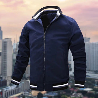 Men's lightweight white jacket with a striped collar and zipper in marine blue, displayed against a bright sky with clouds, featuring long sleeves and a casual blazer-style design.