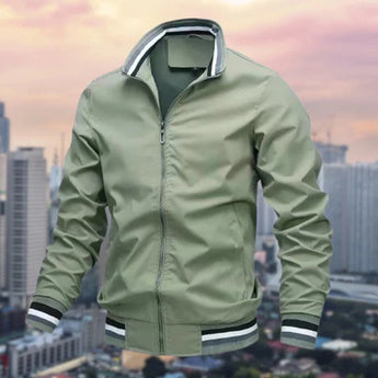 Men's green lightweight jacket in size 2XL with a striped collar and zipper, featuring long sleeves and a sleek design.