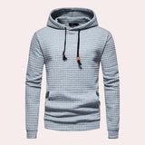 Men's light gray quilted hoodie with a textured finish, featuring a jersey fabric, long sleeves, and a comfortable neck collar, in size 2XL.