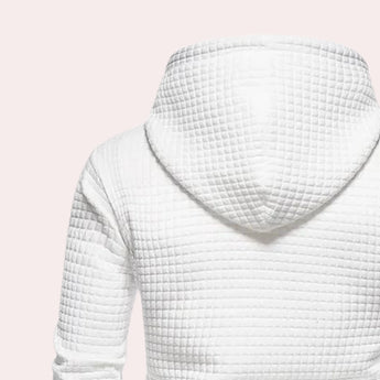 Men's lightweight white quilted hoodie with textured design, featuring long sleeves, a collar, and a comfortable fit.