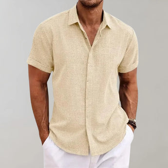 Men's linen Henley short sleeve shirt in apricot, size 3XL, with a casual and breathable design suitable for summer.