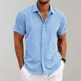 Men's blue linen Henley short sleeve shirt in size 3XL, featuring a casual and breathable design suitable for summer wear.