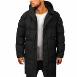 Men's long black waterproof hooded parka in size 5XL, showcasing its insulated winter design with a high collar, long sleeves, and a sleek finish suitable for cold weather.