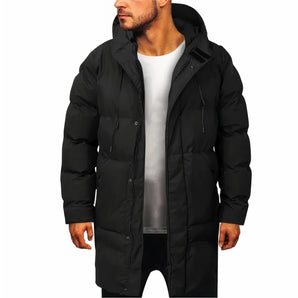 Men's long black waterproof hooded parka in size 5XL, showcasing its insulated winter design with a high collar, long sleeves, and a sleek finish suitable for cold weather.