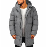 Men's long gray waterproof hooded parka in size 5XL, featuring insulated material for winter warmth, with a sleek design including a prominent collar and long sleeves, suitable for standing in cold, wet conditions.