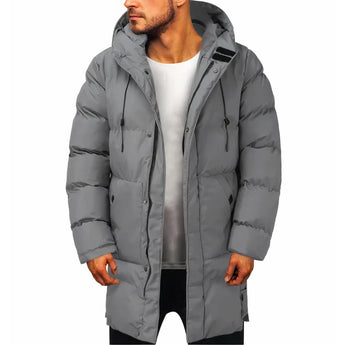 Men's long gray waterproof hooded parka in size 5XL, featuring insulated material for winter warmth, with a sleek design including a prominent collar and long sleeves, suitable for standing in cold, wet conditions.