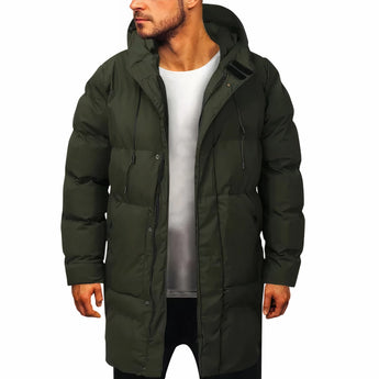 Men's olive green insulated winter parka in size 5XL, featuring a hood, long sleeves, a collar, and pockets, made from waterproof material.
