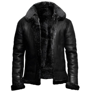 Men's luxury black leather shearling aviator biker jacket in size 5XL, featuring a stylish collar and long sleeves, showcasing a sophisticated and fashionable design.