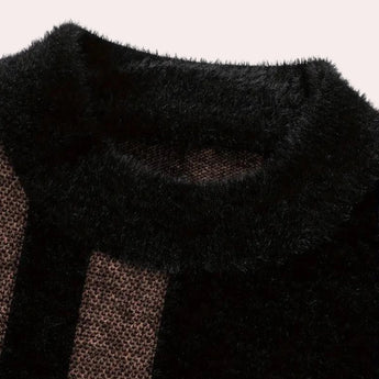 Men's luxury black plaid crew neck sweater with geometric patterns and long sleeves, featuring a stylish woven wool textile.