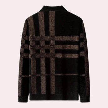Men's luxury black plaid geometric crew neck sweater on a clothes hanger with a focus on the plaid pattern and geometric design on the sleeve and collar, set against a formal backdrop.