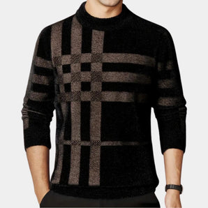 Men's luxury crew neck sweater with a black plaid geometric pattern, featuring long sleeves and a comfortable fit.