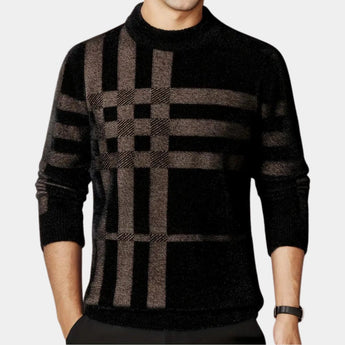 Men's luxury crew neck sweater with a black plaid geometric pattern, featuring long sleeves and a comfortable fit.