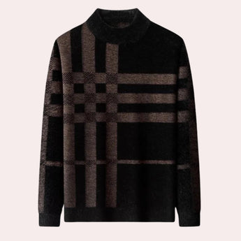 Men's luxury black plaid geometric crew neck sweater in camel color, size XL, featuring a sophisticated pattern and woolen texture.