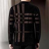 Men's luxury black plaid geometric crew neck sweater with long sleeves, featuring a stylish tartan pattern and a comfortable fit.