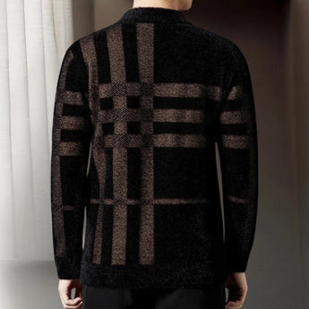 Men's luxury black plaid geometric crew neck sweater with long sleeves, featuring a stylish tartan pattern and a comfortable fit.