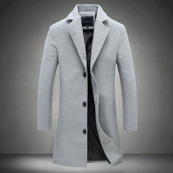 Men's luxury light gray wool overcoat in 2XL, featuring a tailored fit with a high-collar design, long sleeves, and sophisticated fashion details.