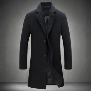Men's luxury black wool overcoat with a tailored fit and high-collar design, size 2XL, featuring long sleeves and a formal, sophisticated appearance.