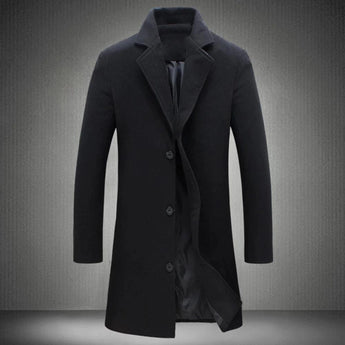 Men's luxury black wool overcoat with a tailored fit and high-collar design, size 2XL, featuring long sleeves and a formal, sophisticated appearance.