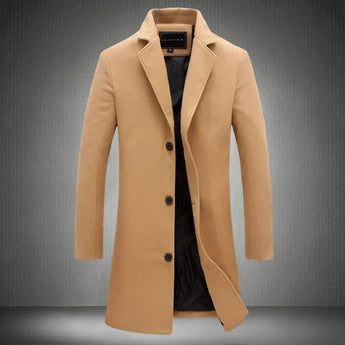 Men's luxury black wool overcoat with a tailored fit and high-collar, displayed in a 2XL size with a persimmon lining, showcasing long sleeves and a sophisticated design.