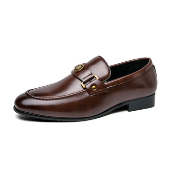 Men's luxury brown leather loafers with buckle, formal slip-on shoes displayed on a surface, showcasing the elegant design and high-quality leather material.