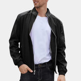 Men's luxury burgundy leather jacket with quilted pattern and tailored fit, featuring a black color in XXL size, displayed on a mannequin with a focus on the neck, sleeve, and waist detailing.