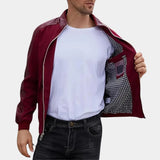 Men's luxury burgundy leather jacket featuring a quilted design with a tailored fit, shown in size XXL. The jacket has a structured collar, long sleeves, and a fitted waist, emphasizing its stylish and sophisticated appearance.