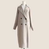 Men's luxury camel wool double-breasted overcoat, tailored fit, winter coat with formal wear styling, displaying a sophisticated collar and dress shirt underneath.