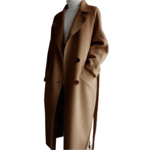 Men's luxury camel wool double-breasted overcoat in brown, tailored fit, size XXL, featuring a dress shirt, long sleeves, and a structured collar.