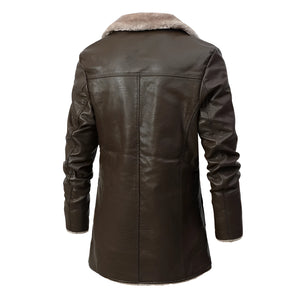 Men's dark brown leather coat featuring a shearling collar, long sleeves, and a tailored fit.
