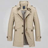 Men's luxury double-breasted beige trench coat in khaki, size 2XL, featuring a classic collar, long sleeves, and prominent buttons, styled for formal wear.