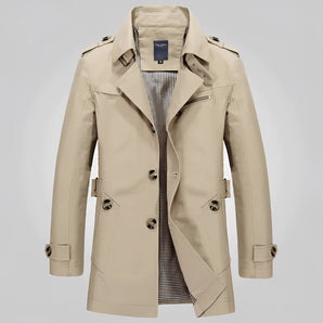 Men's luxury double-breasted beige trench coat in khaki, size 2XL, featuring a classic collar, long sleeves, and prominent buttons, styled for formal wear.