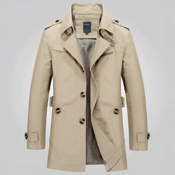 Men's luxury double-breasted beige trench coat in khaki, size 2XL, featuring a classic collar, long sleeves, and prominent buttons, styled for formal wear.