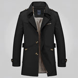 Men's luxury double-breasted beige trench coat featuring a sophisticated collar, long sleeves, and button detailing, modeled in a black colorway, size 2XL.