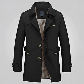 Men's luxury double-breasted beige trench coat featuring a sophisticated collar, long sleeves, and button detailing, modeled in a black colorway, size 2XL.