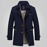 Men's luxury double-breasted trench coat in dark blue, featuring a stylish collar, long sleeves, and tailored fit for 2XL size.