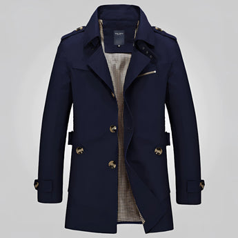 Men's luxury double-breasted trench coat in dark blue, featuring a stylish collar, long sleeves, and tailored fit for 2XL size.