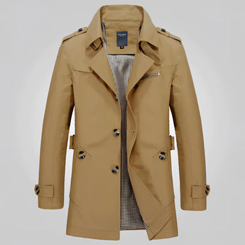 Men's double-breasted beige trench coat with a formal design, featuring long sleeves and a classic collar, styled in a 2XL brown variant.