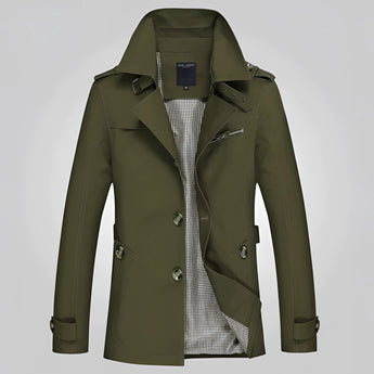 Men's luxury double-breasted trench coat in green, featuring a classic collar, long sleeves, and button details, ideal for formal wear and stylish fashion design.