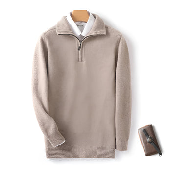 Men's luxury half-zip cashmere sweater in camel, featuring long sleeves and a high collar, designed for winter wear.