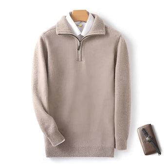 Men's luxury half-zip cashmere sweater in grey, featuring long sleeves and a soft collar, ideal for winter wear.
