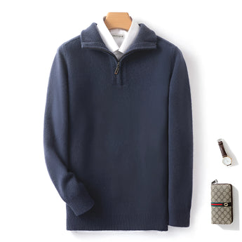 Men's luxurious blue-gray half-zip cashmere sweater with long sleeves and a soft collar, designed for warmth and style in winter.