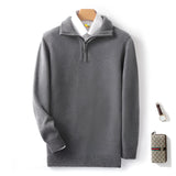 Men's grey half-zip cashmere sweater showcasing a soft and luxurious knit texture, with long sleeves and a high collar, designed for premium winter wear.