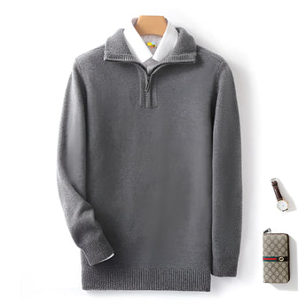 Men's grey half-zip cashmere sweater showcasing a soft and luxurious knit texture, with long sleeves and a high collar, designed for premium winter wear.