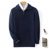 Men's luxury half-zip cashmere sweater in navy blue, showcasing a soft, premium winter knitwear design with long sleeves and a high collar, available in XXXL size.