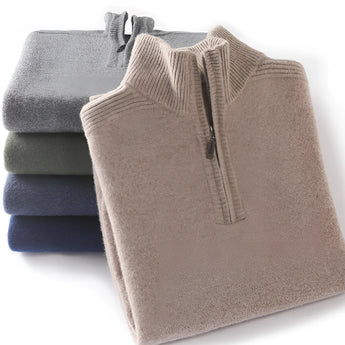 Men's luxury half-zip cashmere sweater in soft grey, featuring a high-quality knit with a sophisticated collar and long sleeves, perfect for premium winter wear.