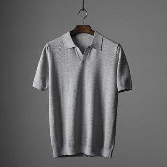 Men's luxury gray knit polo shirt in size 3XL, featuring a classic collar, button-up front, and short sleeves, designed for style and breathability.