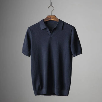 Men's marine blue luxury knit polo shirt in size 3XL, featuring a stylish design with a collar, buttons, and a breathable fabric.