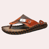 Brown leather braided flip flops for men with a luxury design, featuring a casual yet stylish look suitable for outdoor use.