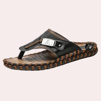 Men's black luxury leather braided flip flops designed for beachwear, featuring a sophisticated pattern and comfortable fit.